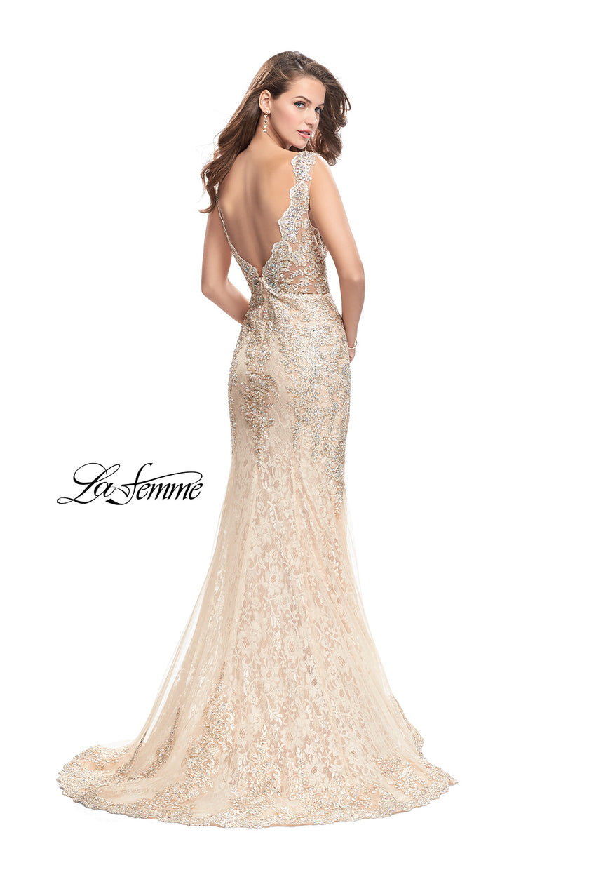 Picture of: Form Fitting Mermaid Lace Dress with Metallic Beading in Gold Nude, Style: 26125, Back Picture