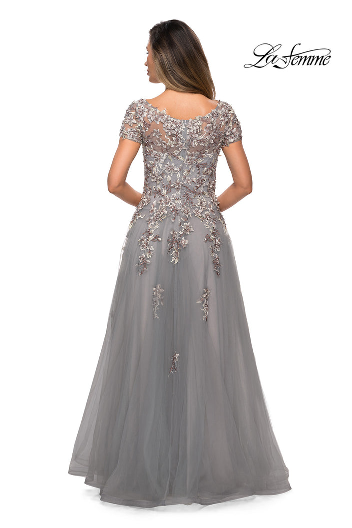 Picture of: Short Sleeve A-line Gown with Beaded Lace Appliques in Gray, Style: 27968, Back Picture