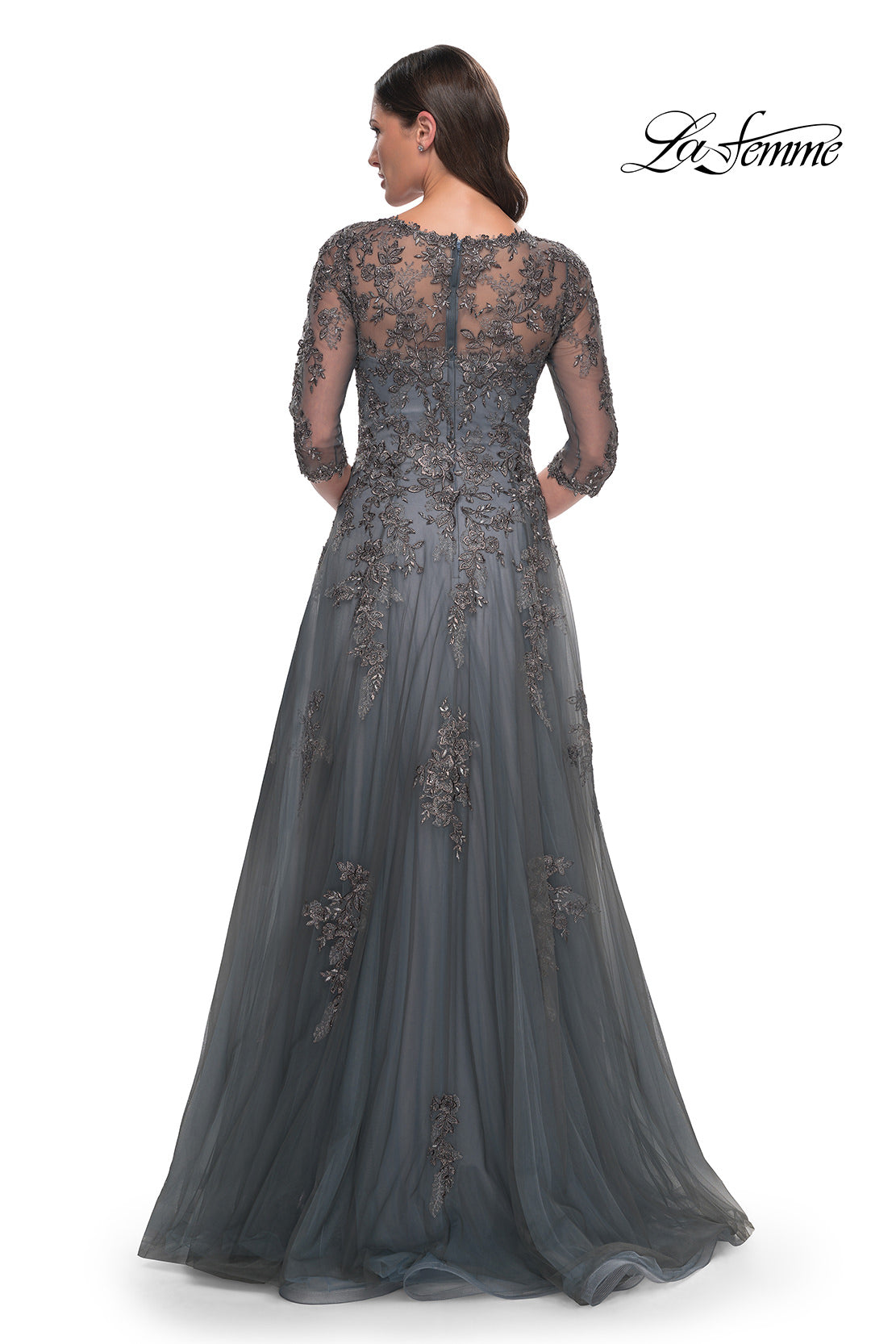 Picture of: Beautiful A-Line Tulle and Lace Dress with Sheer Sleeves in Gray, Style: 30201, Back Picture