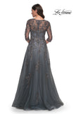 Picture of: Beautiful A-Line Tulle and Lace Dress with Sheer Sleeves in Gray, Style: 30201, Back Picture