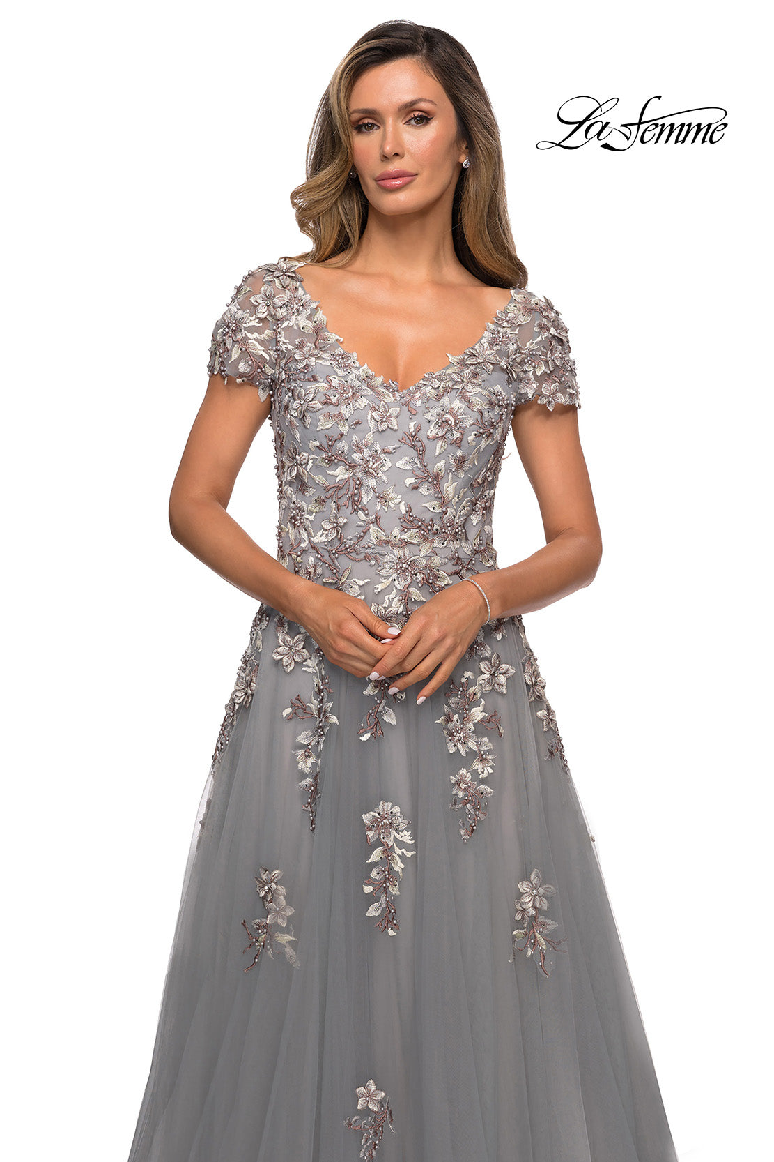 Picture of: Short Sleeve A-line Gown with Beaded Lace Appliques in Gray, Style: 27968, Detail Picture 1