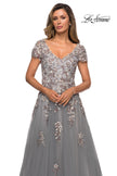 Picture of: Short Sleeve A-line Gown with Beaded Lace Appliques in Gray, Style: 27968, Detail Picture 1