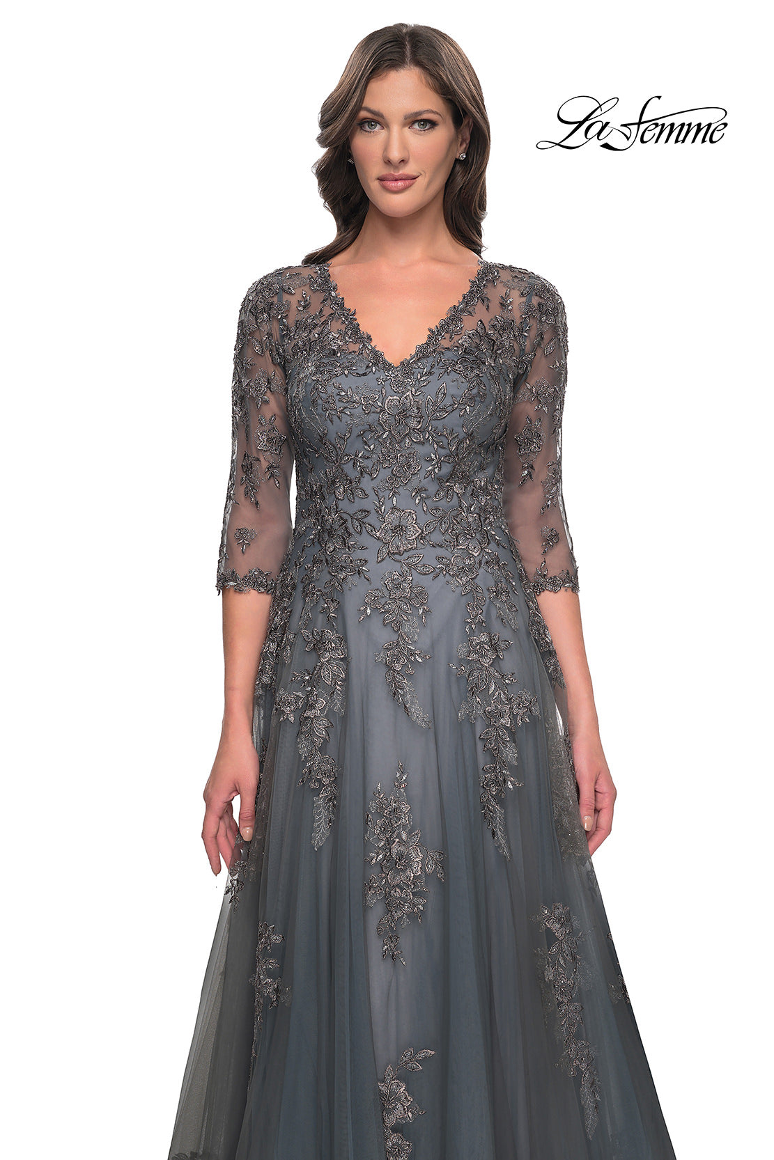 Picture of: Beautiful A-Line Tulle and Lace Dress with Sheer Sleeves in Gray, Style: 30201, Detail Picture 1