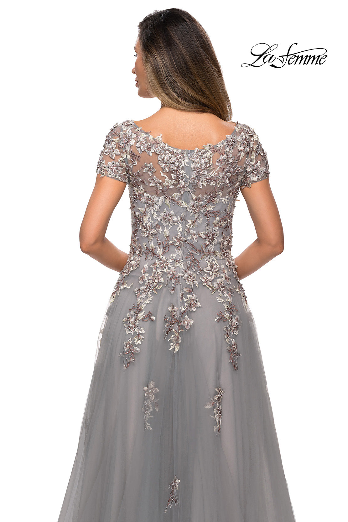 Picture of: Short Sleeve A-line Gown with Beaded Lace Appliques in Gray, Style: 27968, Detail Picture 2
