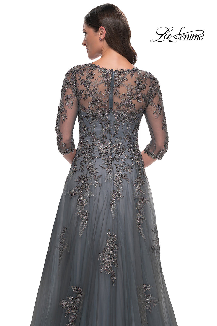 Picture of: Beautiful A-Line Tulle and Lace Dress with Sheer Sleeves in Gray, Style: 30201, Detail Picture 2
