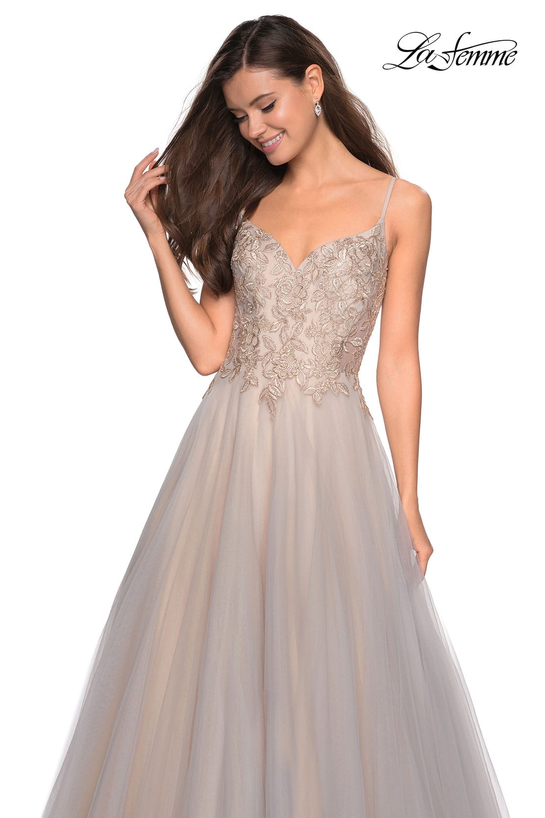 Picture of: Two Toned Long Tulle Gown with Embellished Bust in Gray/Nude, Style: 27674, Main Picture