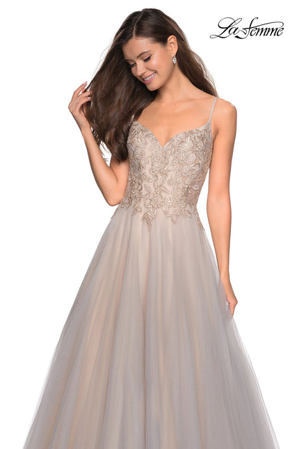 Picture of: Two Toned Long Tulle Gown with Embellished Bust in Gray/Nude, Style: 27674, Main Picture