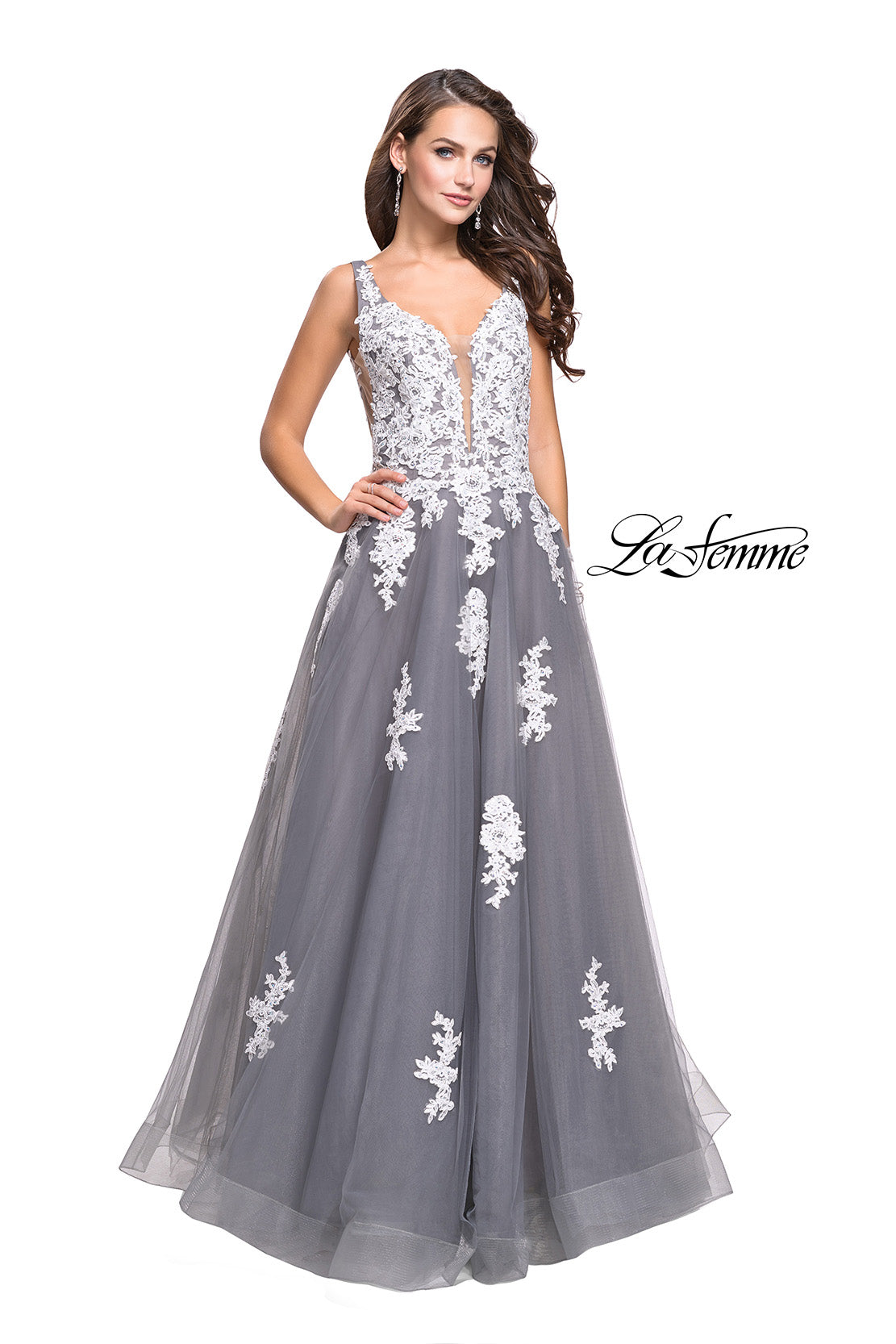 Picture of: Long Tulle Ball Gown with Lace Applique and Side Cut Outs in Gray White, Style: 25624, Main Picture