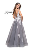 Picture of: Long Tulle Ball Gown with Lace Applique and Side Cut Outs in Gray White, Style: 25624, Back Picture