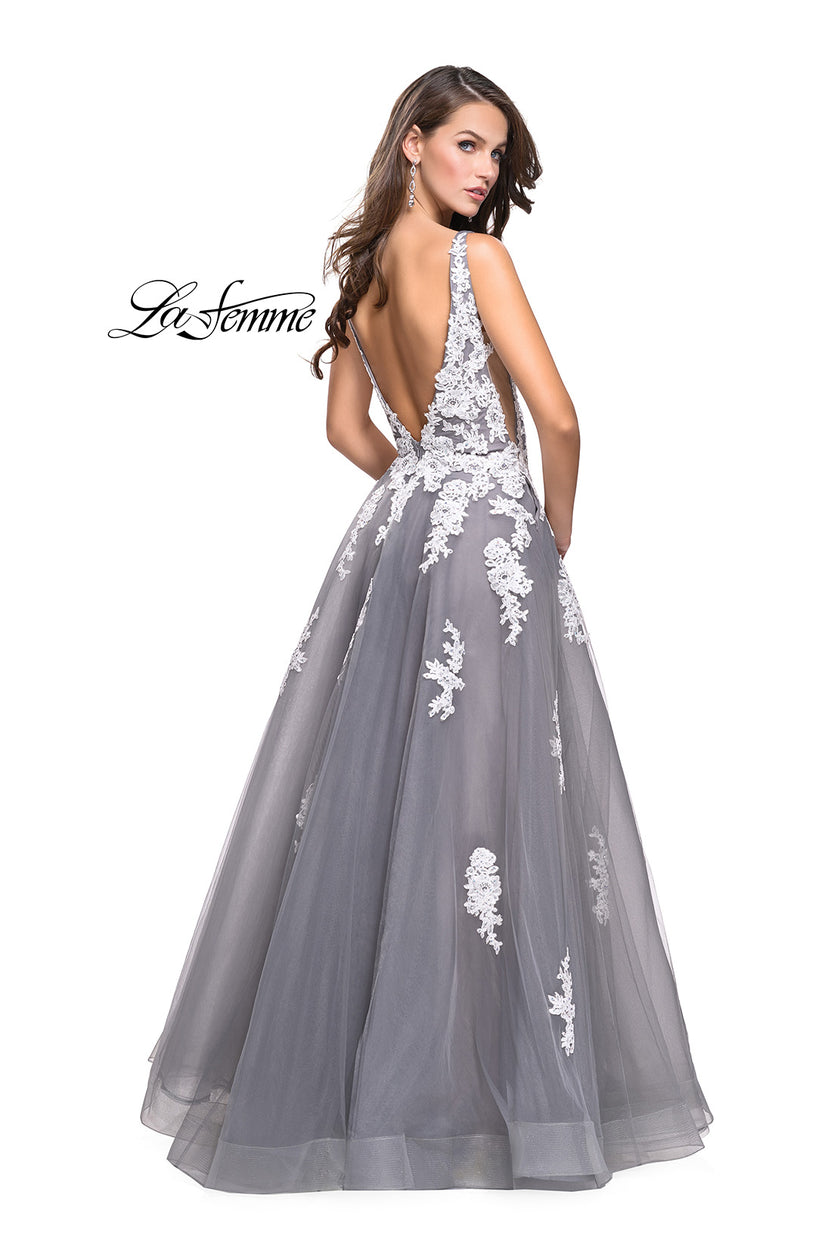 Picture of: Long Tulle Ball Gown with Lace Applique and Side Cut Outs in Gray White, Style: 25624, Back Picture