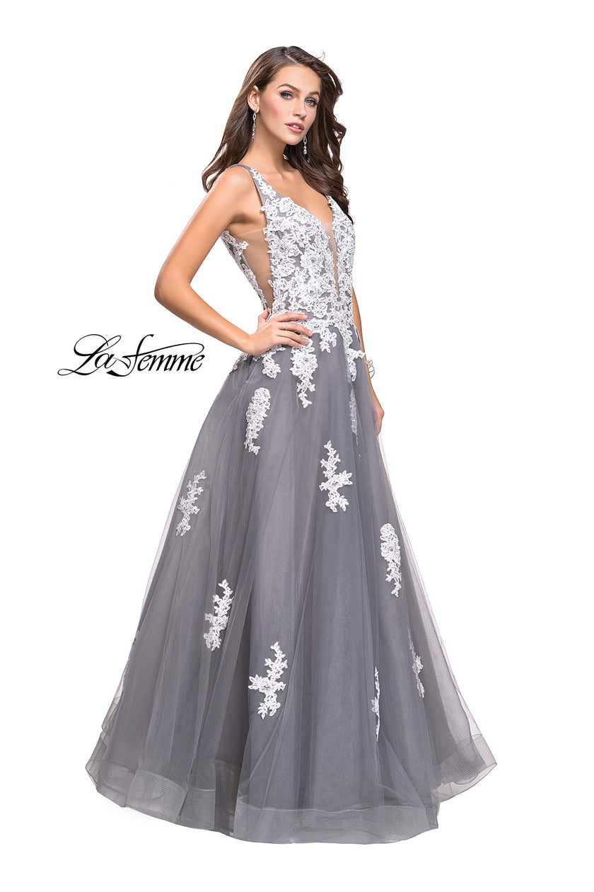 Picture of: Long Tulle Ball Gown with Lace Applique and Side Cut Outs in Gray White, Style: 25624, Detail Picture 1