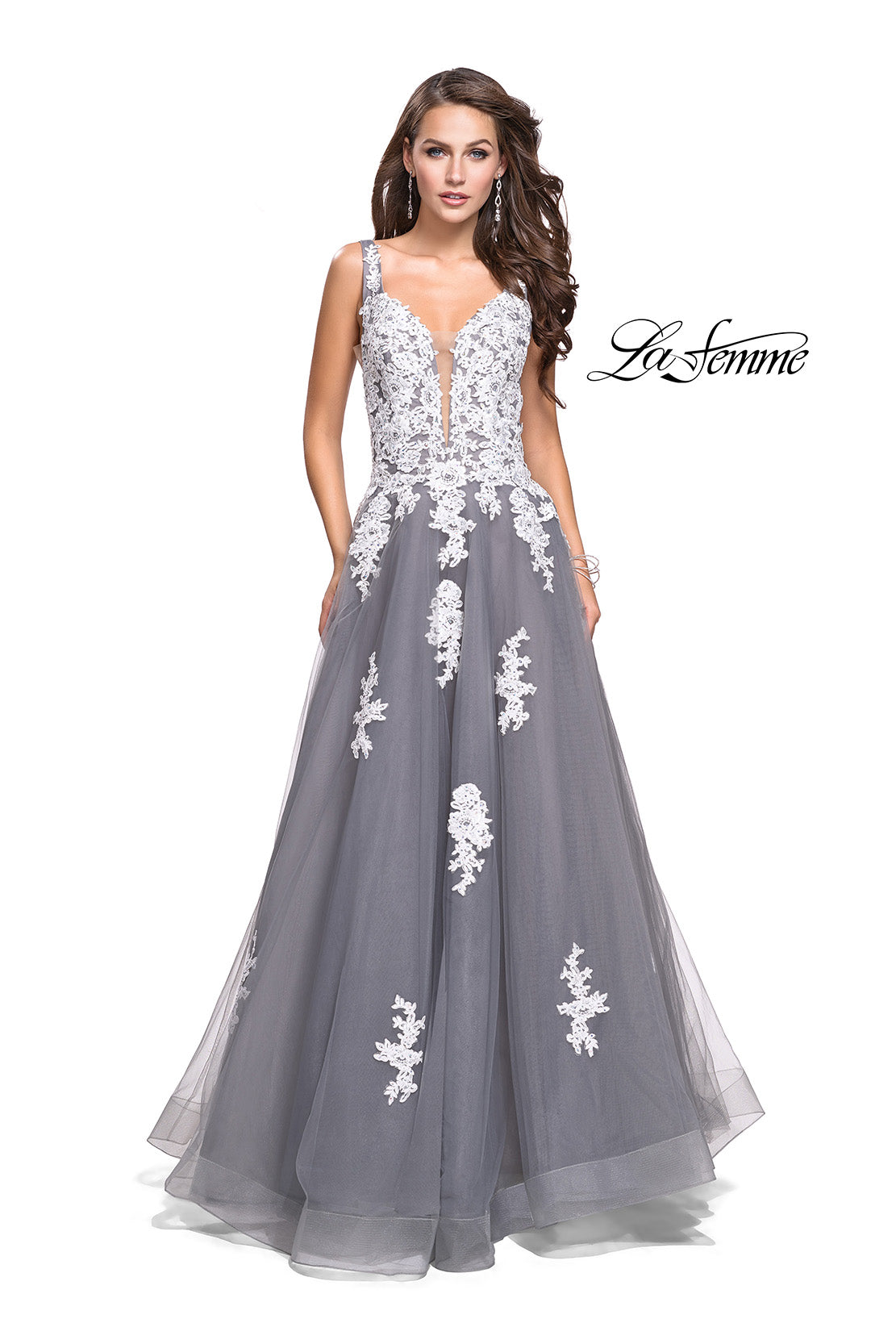Picture of: Long Tulle Ball Gown with Lace Applique and Side Cut Outs in Gray White, Style: 25624, Detail Picture 2
