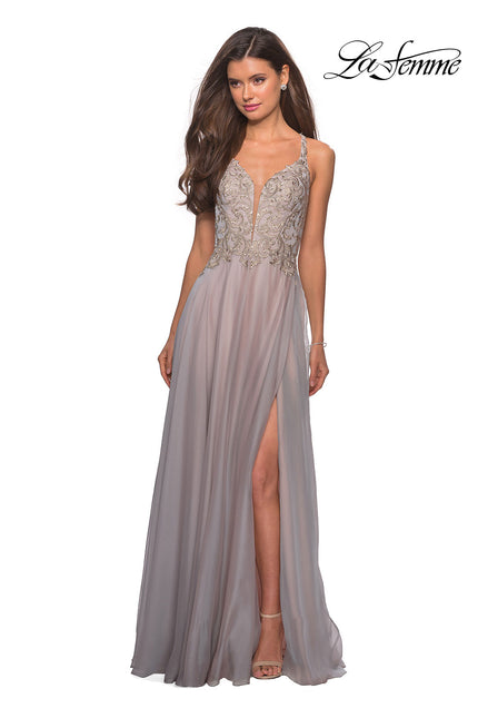 Picture of: Chiffon Long Dress with V Neck and Lace in Grey Pink, Style: 27729, Main Picture