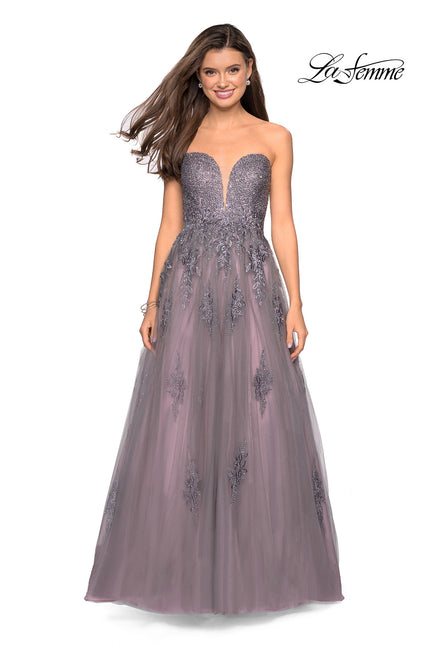 Picture of: Tone Tone Tulle Prom Gown with Floral Appliques in Grey/Pink, Style: 27767, Main Picture
