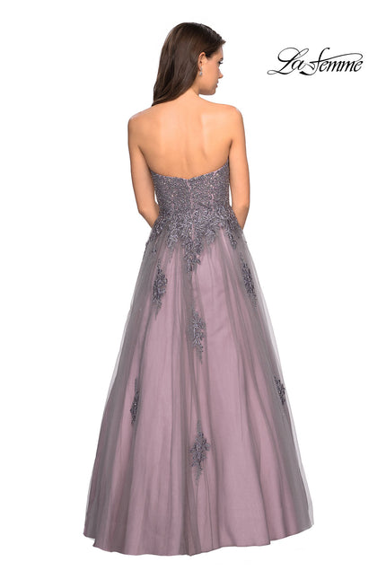 Picture of: Tone Tone Tulle Prom Gown with Floral Appliques in Grey/Pink, Style: 27767, Back Picture