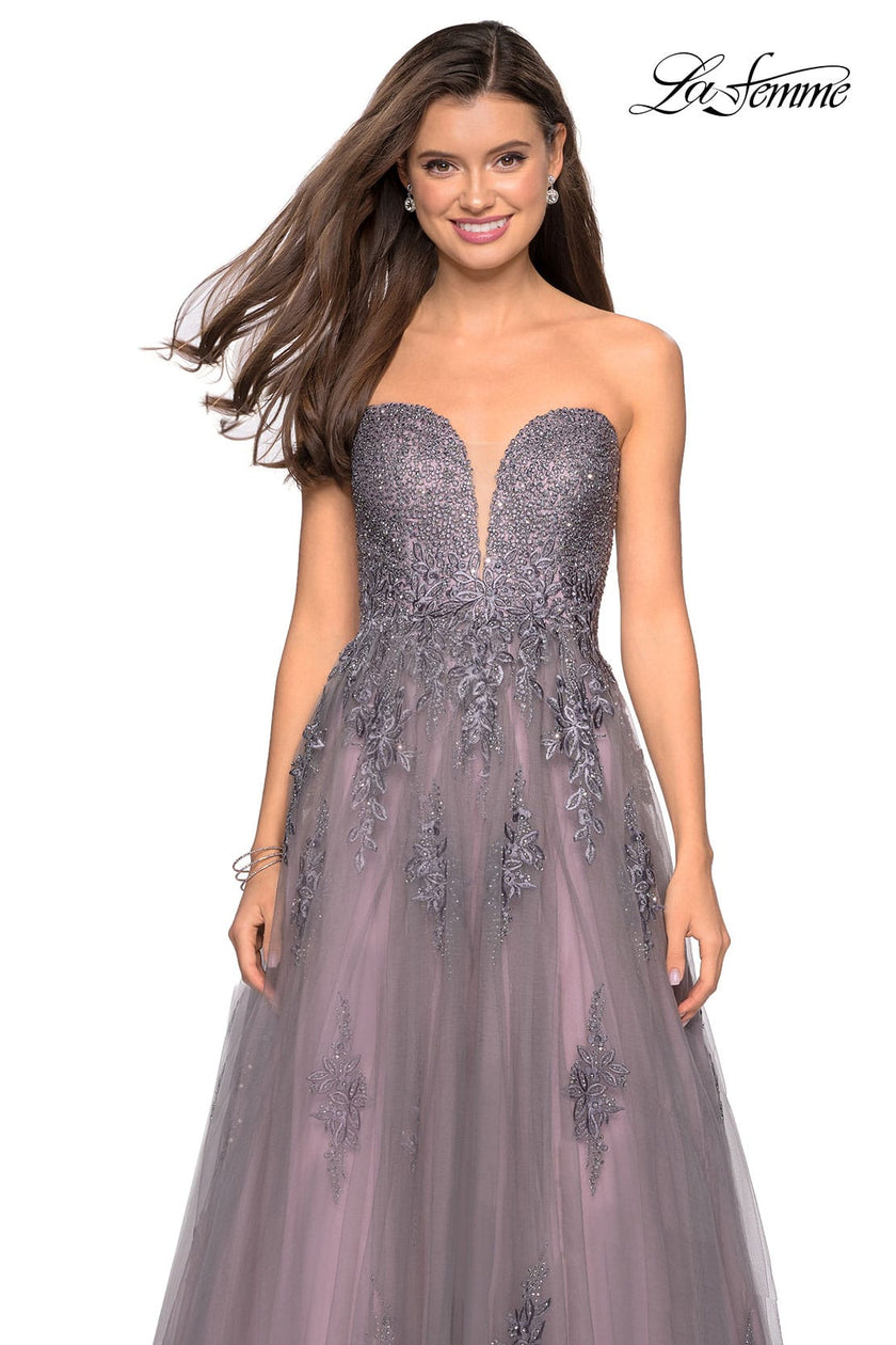 Picture of: Tone Tone Tulle Prom Gown with Floral Appliques in Grey/Pink, Style: 27767, Detail Picture 1