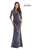 Picture of: Velvet Dress with 3/4 Sleeves and Sheer Neckline in Gunmetal, Style: 25521, Main Picture