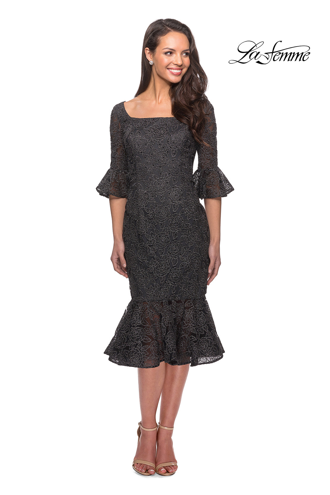 Picture of: Knee Length Lace Dress with Flared 3/4 Sleeves in Gunmetal, Style: 25523, Main Picture