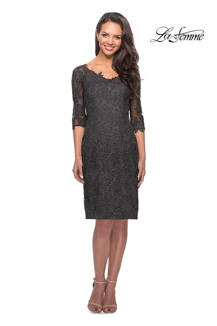 Picture of: 3/4 Sleeve Lace Tea Length Dress with Soft V-Neck in Gunmetal, Style: 25525, Main Picture