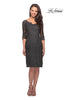 Picture of: 3/4 Sleeve Lace Tea Length Dress with Soft V-Neck in Gunmetal, Style: 25525, Main Picture