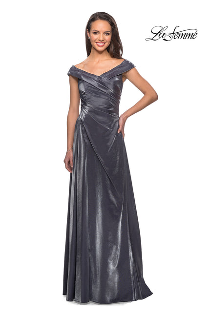 Picture of: Off the Shoulder Satin Gown with Ruching in Gunmetal, Style: 27846, Main Picture