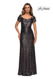 Picture of: Long Sequin Evening Dress with Cap Sleeves in Gunmetal, Style: 27916, Main Picture