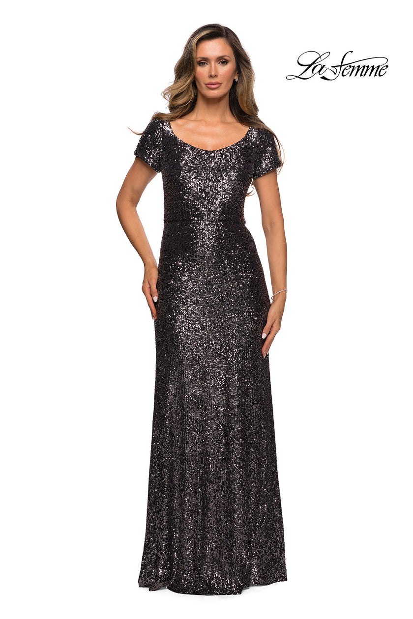 Picture of: Long Sequin Evening Dress with Cap Sleeves in Gunmetal, Style: 27916, Main Picture