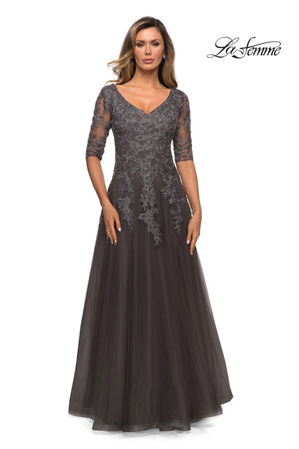 Picture of: Long A-line Dress with Lace Bodice and V-neck in Gunmetal, Style: 27993, Main Picture