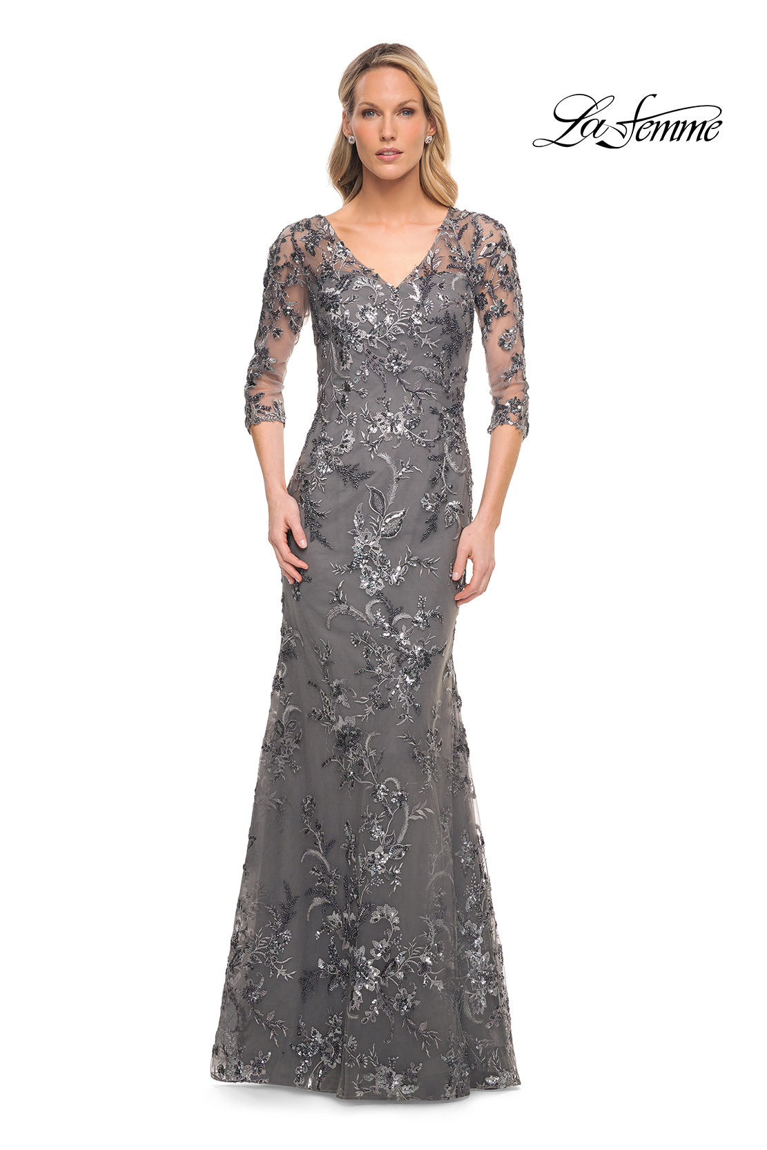 Picture of: Exquisite Lace Beaded Long GOwn with Sheer Sleeves in Silver, Style: 29976, Main Picture