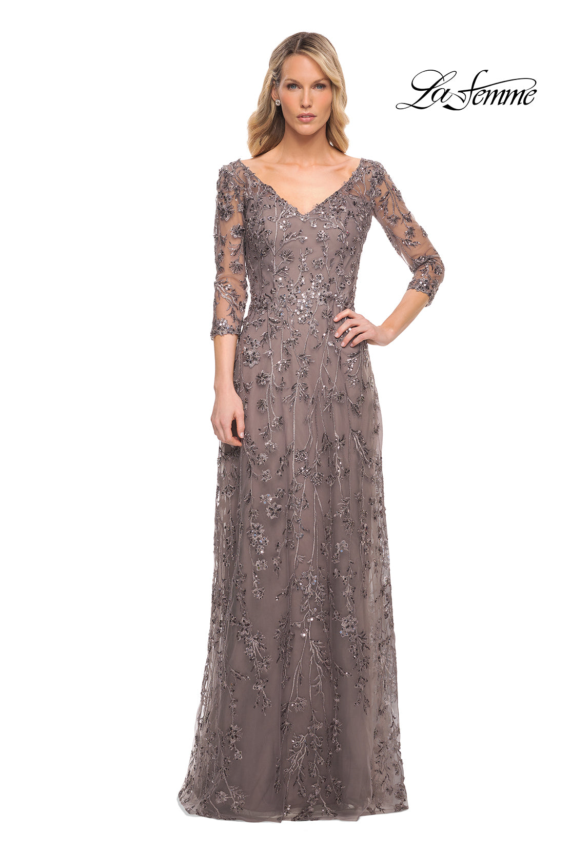 Picture of: Beaded Lace Gown with V Neckline and Sheer Sleeves in Silver, Style: 29994, Main Picture