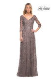 Picture of: Beaded Lace Gown with V Neckline and Sheer Sleeves in Silver, Style: 29994, Main Picture