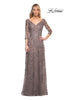 Picture of: Beaded Lace Gown with V Neckline and Sheer Sleeves in Silver, Style: 29994, Main Picture