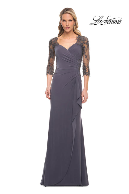 Picture of: Lace and Net Jersey Gown with Illusion Sleeves in Silver, Style: 30384, Main Picture