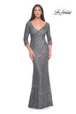 Picture of: Fitted Beaded Lace Evening Gown with Ruching in Gunmetal, Style: 31721, Main Picture
