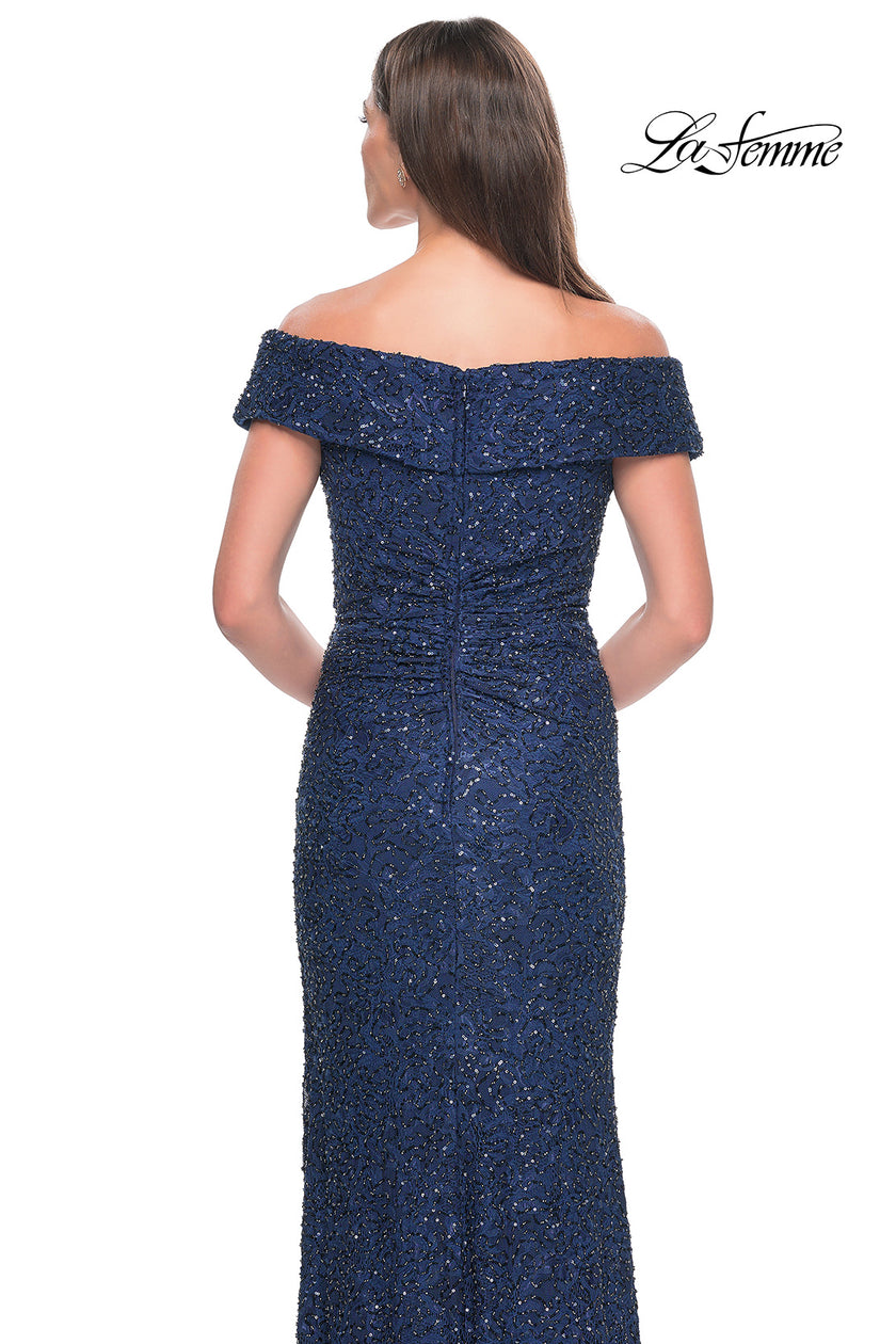 Picture of: Off the Shoulder Beaded Lace Evening Gown in Gunmetal, Style: 31679, Detail Picture 8