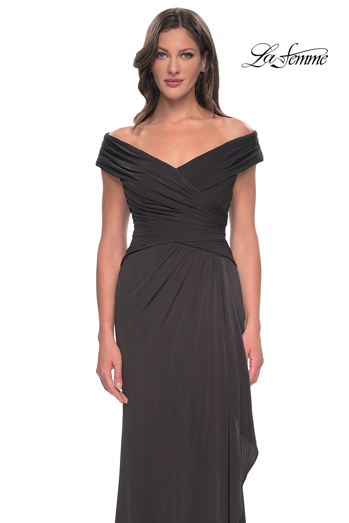 Picture of: Long Luxurious Jersey Off the Shoulder Evening Gown in Gunmetal, Style: 30040, Detail Picture 9