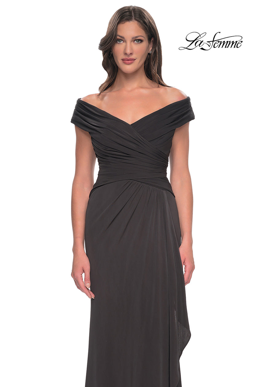 Picture of: Long Luxurious Jersey Off the Shoulder Evening Gown in Gunmetal, Style: 30040, Detail Picture 9