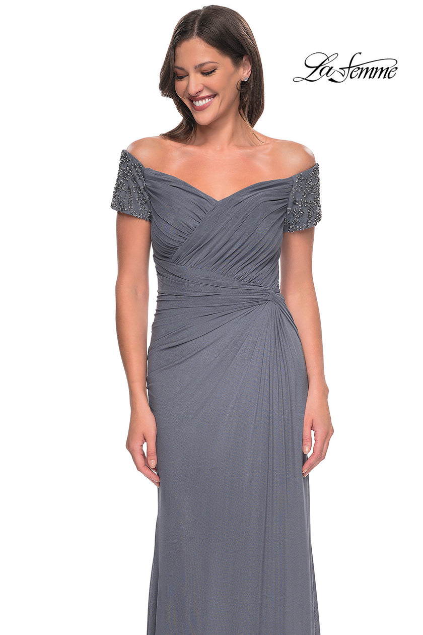 Picture of: Net Jersey Long Gown with Exquisite Beaded Design in Gunmetal, Style: 30057, Detail Picture 11