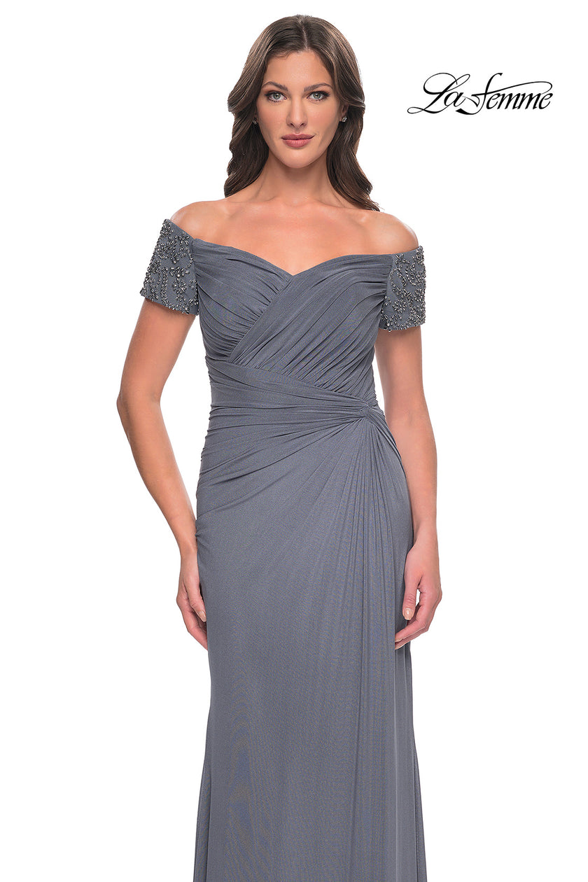 Picture of: Net Jersey Long Gown with Exquisite Beaded Design in Hunter Green, Style: 30057, Detail Picture 12