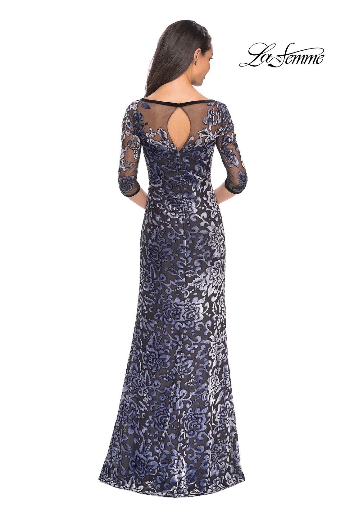 Picture of: Velvet Dress with 3/4 Sleeves and Sheer Neckline in Gunmetal, Style: 25521, Back Picture