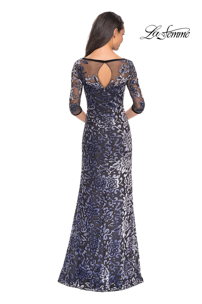 Picture of: Velvet Dress with 3/4 Sleeves and Sheer Neckline in Gunmetal, Style: 25521, Back Picture
