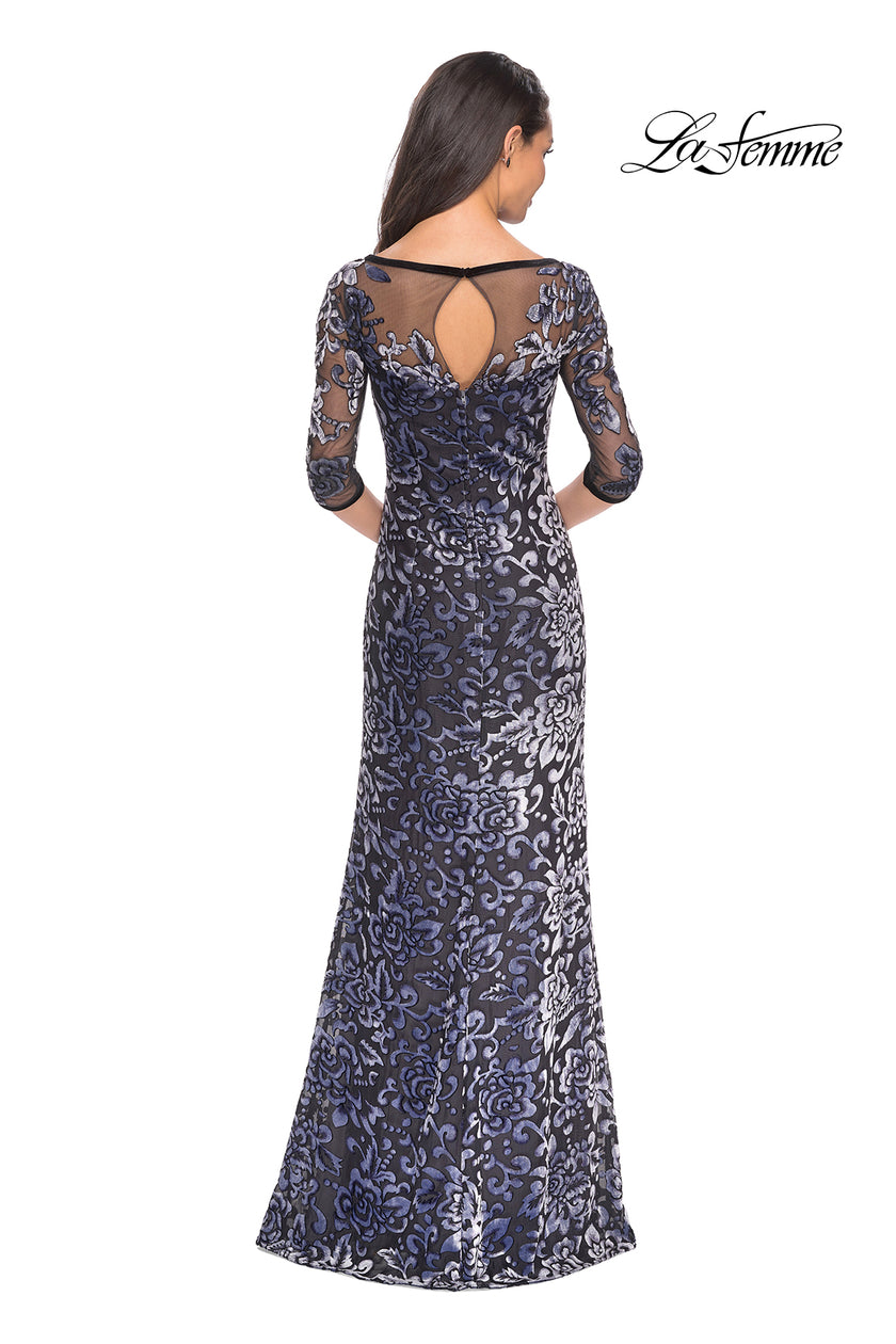 Picture of: Velvet Dress with 3/4 Sleeves and Sheer Neckline in Gunmetal, Style: 25521, Back Picture