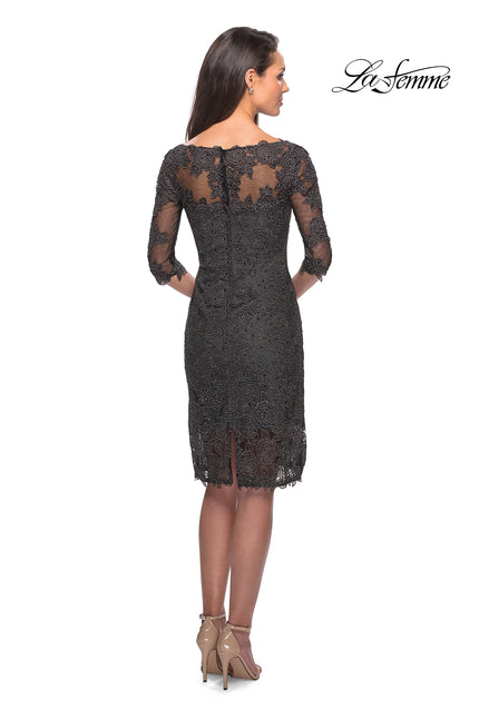 Picture of: 3/4 Sleeve Lace Tea Length Dress with Soft V-Neck in Gunmetal, Style: 25525, Back Picture