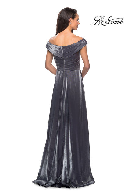 Picture of: Off the Shoulder Satin Gown with Ruching in Gunmetal, Style: 27846, Back Picture