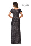 Picture of: Long Sequin Evening Dress with Cap Sleeves in Gunmetal, Style: 27916, Back Picture
