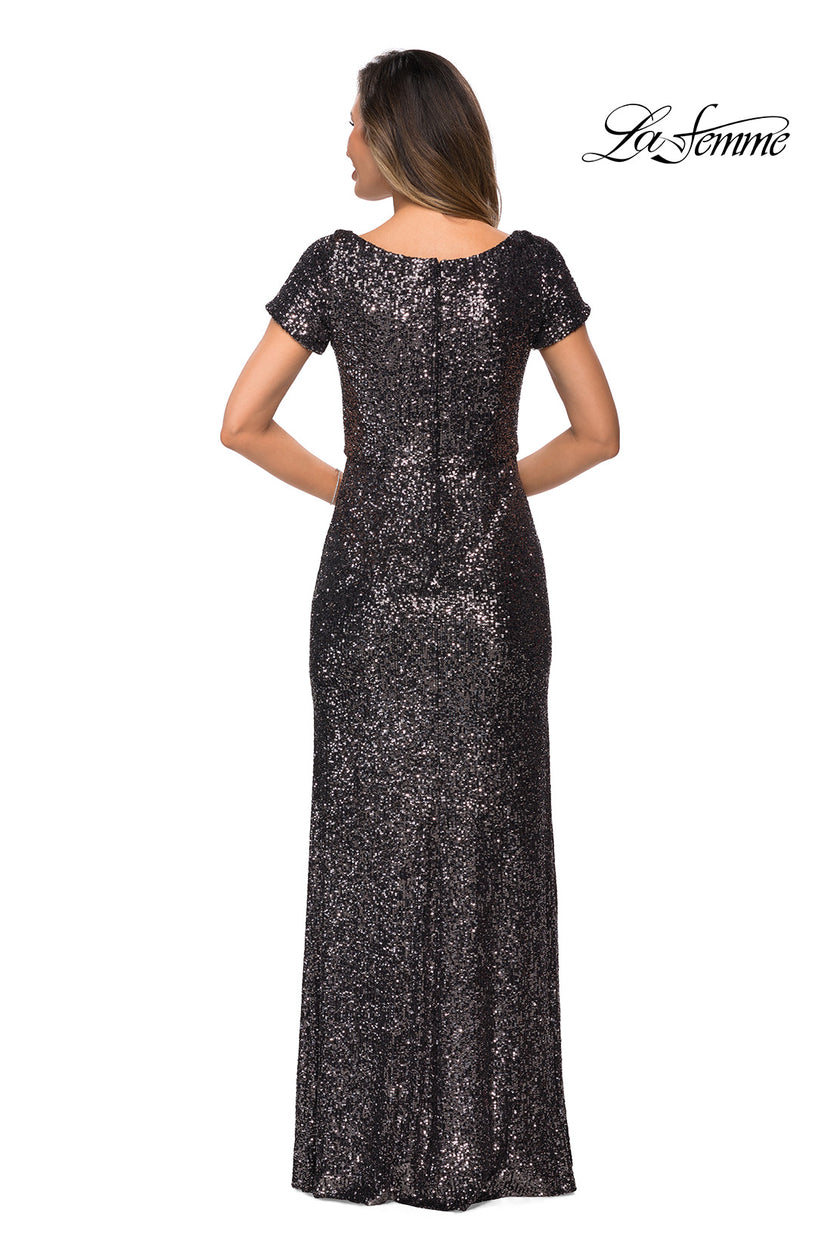 Picture of: Long Sequin Evening Dress with Cap Sleeves in Gunmetal, Style: 27916, Back Picture