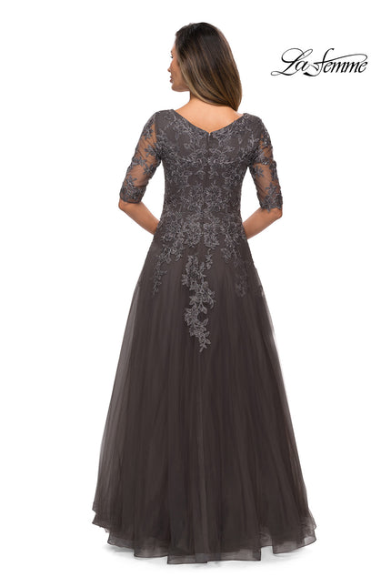 Picture of: Long A-line Dress with Lace Bodice and V-neck in Gunmetal, Style: 27993, Back Picture