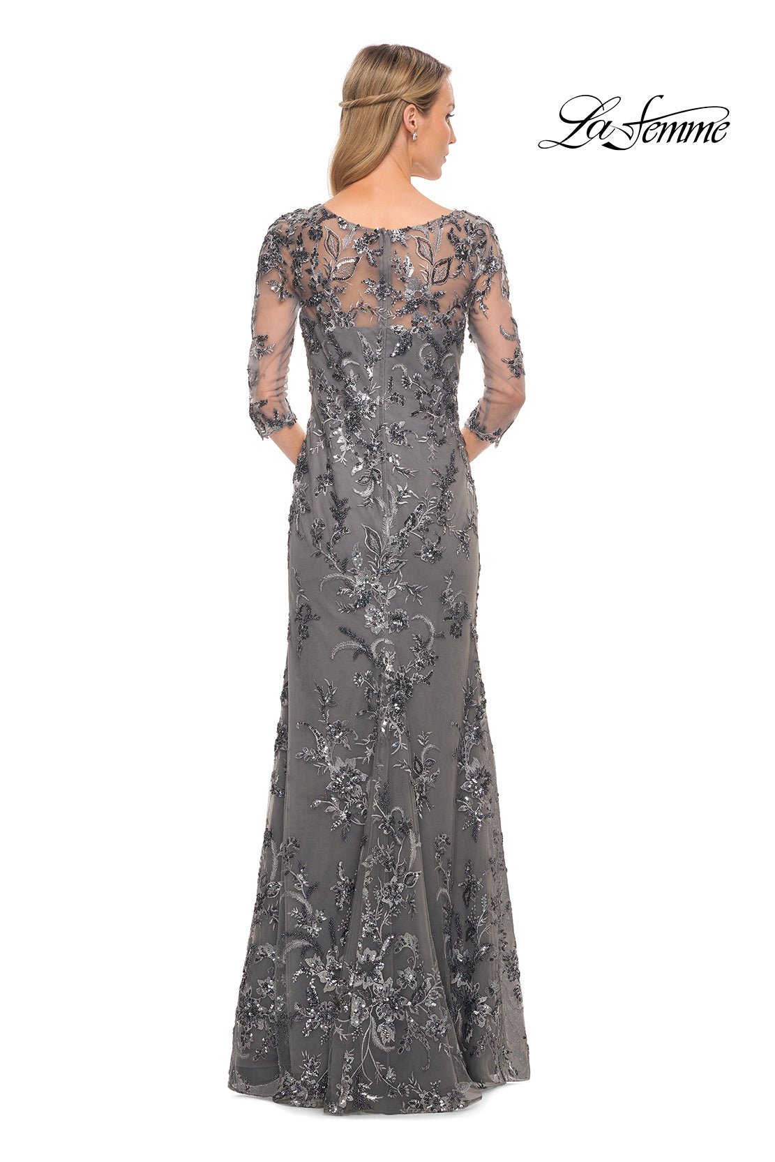 Picture of: Exquisite Lace Beaded Long GOwn with Sheer Sleeves in Silver, Style: 29976, Back Picture