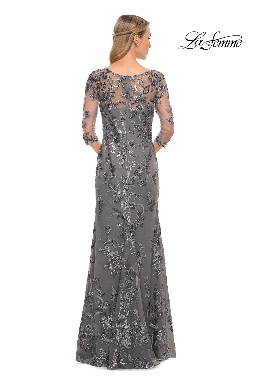Picture of: Exquisite Lace Beaded Long GOwn with Sheer Sleeves in Silver, Style: 29976, Back Picture