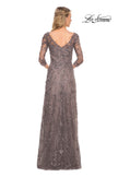 Picture of: Beaded Lace Gown with V Neckline and Sheer Sleeves in Silver, Style: 29994, Back Picture